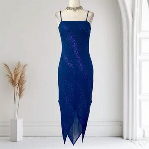 Vintage Ethereal Celestial Dark Blue Glitter Shimmery Asymmetric Midi Dress M